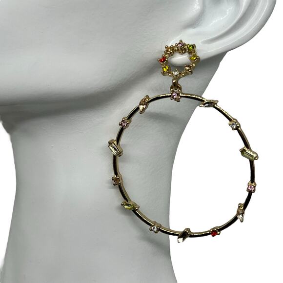 Glamorous Multicolor Crystal Hoop Earrings - Gold-Tone Statement Piece - Picture 4 of 6